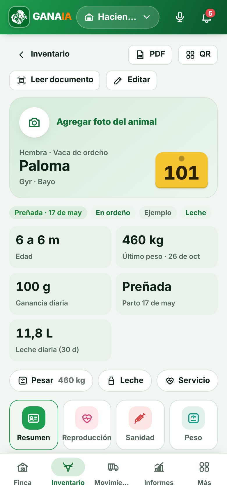 Hoja de vida de una vaca con su producción, peso y estado reproductivo