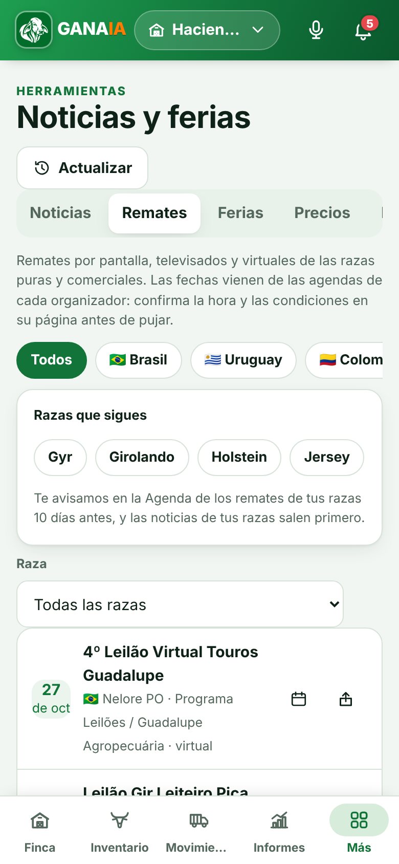 Calendario de remates virtuales por raza y país